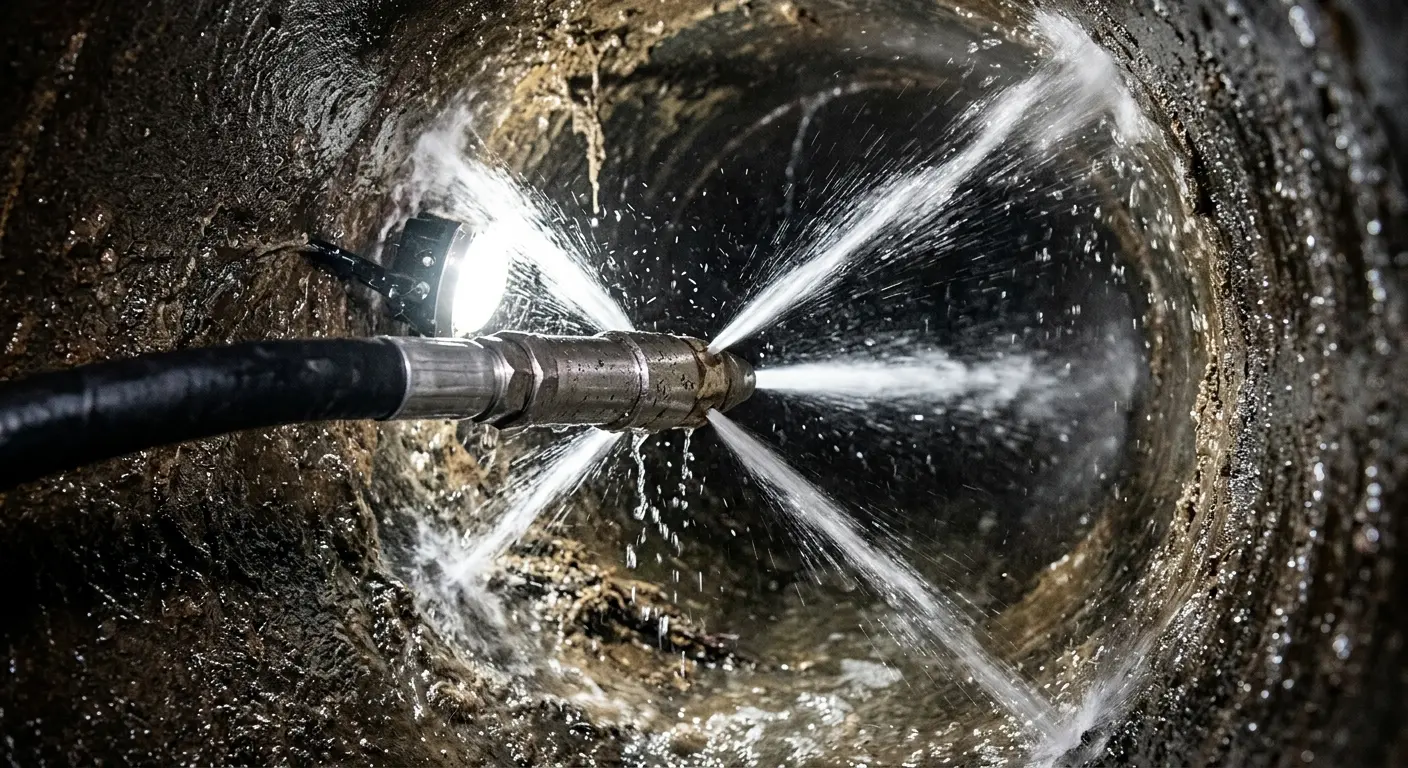High-pressure hydro jetting nozzle cleaning sewer pipe for Trenchless Sewer Repair in Maple Shade