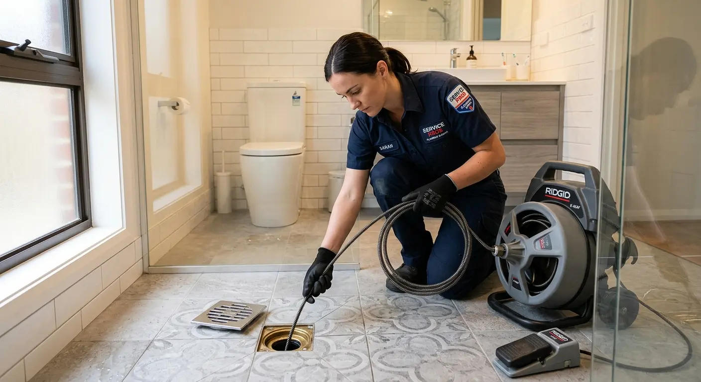 Technician clearing a bathroom floor drain for Sewer Line Replacement in Maple Shade